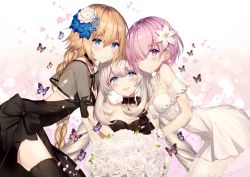 Rule 34 | 3girls, bare shoulders, blonde hair, blue eyes, blush, bouquet, braid, breasts, bug, butterfly, cleavage, dress, fate/grand order, fate (series), flower, girl sandwich, hair flower, hair ornament, hair over one eye, insect, jeanne d&#039;arc (fate), jeanne d&#039;arc (formal dress) (fate), jeanne d&#039;arc (ruler) (fate), long hair, looking at viewer, marie antoinette (fate), marie antoinette (formal dress) (fate), mash kyrielight, mash kyrielight (formal dress), multiple girls, necomi, official alternate costume, open mouth, purple eyes, purple hair, sandwiched, short hair, signature, silver hair, single braid, smile, twintails
