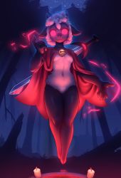 Rule 34 | 1girl, bell, breasts, candle, cape, cult of the lamb, energy, floating, forest, furry, furry female, glowing, glowing eyes, highres, horns, kawfee, looking at viewer, midriff, nature, occult, outdoors, sheep girl, sky, star (sky), starry sky, sword, the lamb (cult of the lamb), thighs, tree, weapon, weapon on back