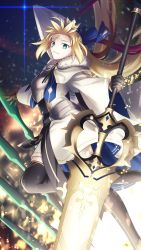 Rule 34 | 1girl, armor, armored dress, artoria caster (fate), artoria caster (third ascension) (fate), artoria pendragon (fate), blonde hair, breastplate, crown, diamond hairband, facial mark, fate/grand order, fate (series), forehead mark, green eyes, highres, holding, holding staff, marmyadose (fate), shoori (migiha), smile, solo, staff