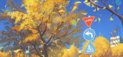 Rule 34 | autumn leaves, blue sky, day, huanxiang huifeng, leaf, letterboxed, no humans, original, outdoors, revision, road sign, scenery, sign, sky, traffic light, tree