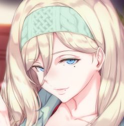 Rule 34 | 1girl, blonde hair, blue eyes, blurry, blurry background, casual, collarbone, hair between eyes, half-closed eyes, hand up, head tilt, headband, indoors, kantai collection, long hair, looking at viewer, lowres, mole, mole on lip, mole under eye, mole under mouth, open clothes, osterei, parted lips, portrait, richelieu (kancolle), sidelocks, smile, solo