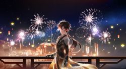 Rule 34 | 1boy, aerial fireworks, antenna hair, architecture, bad id, bad twitter id, black gloves, black table, blurry, blurry background, blush, brown hair, brown vest, collared shirt, commentary, earrings, east asian architecture, english commentary, eyeliner, eyeshadow, feet out of frame, fireworks, full moon, gem, genshin impact, gloves, hair between eyes, hand on railing, highres, jacket, jewelry, lantern, lantern festival, leaf, long sleeves, looking at viewer, low ponytail, makeup, male focus, moon, necktie, night, ocean, outdoors, paper lantern, red eyeshadow, ship, shirt, short hair with long locks, single earring, sky lantern, smile, solo, standing, suit jacket, tassel, tassel earrings, vest, watercraft, white necktie, wing collar, yellow eyes, zhongli (genshin impact)