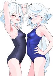 Rule 34 | 2girls, ;d, ahoge, armpits, arms up, blue hair, blue one-piece swimsuit, breasts, buta tsuzumi, closed mouth, commentary request, fingernails, from side, furina (genshin impact), genshin impact, hair intakes, hand on own hip, highres, long hair, looking at viewer, multiple girls, multiple views, nail polish, one-piece swimsuit, one eye closed, open mouth, petite, school swimsuit, short hair, simple background, small breasts, smile, swimsuit, white background