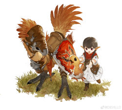 Rule 34 | 1girl, :d, armor, warrior of light (ff14), barding, belt, belt pouch, bird, black hair, boots, braid, brown footwear, brown vest, chick, chocobo, commentary, devil lo, dress, eggshell, emblem, final fantasy, final fantasy xiv, from above, full body, grass, highres, jumping, knee boots, lalafell, leg up, medium hair, o-ring, open mouth, outdoors, outstretched arms, pointy ears, pouch, red eyes, red scarf, reins, saddle, scarf, side braids, simple background, smile, solo, standing, standing on one leg, symbol-only commentary, twin braids, vest, weibo logo, weibo watermark, white background, white dress