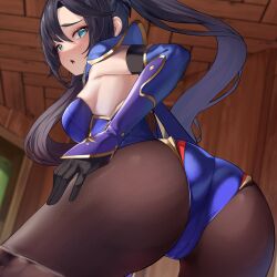 Rule 34 | 1girl, ass, black gloves, black hair, blue cape, blue leotard, breasts, brown pantyhose, cape, detached sleeves, genshin impact, gloves, gold trim, green eyes, highleg, highleg leotard, highres, huge ass, leotard, long hair, looking at viewer, looking back, medium breasts, mona (genshin impact), open mouth, pantyhose, solo, thighs, twintails, white-paka