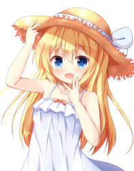 Rule 34 | 1girl, :d, arm up, bare arms, bare shoulders, blonde hair, blue bow, blue eyes, blush, bow, commentary request, dress, fang, hair between eyes, hand on headwear, hand up, hat, hat bow, kedama (kedama akaza), long hair, open mouth, original, simple background, skin fang, sleeveless, sleeveless dress, smile, solo, straw hat, very long hair, white background, white dress