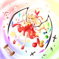 Rule 34 | 1girl, apple, ascot, bad id, bad pixiv id, blonde hair, card, checkerboard cookie, cookie, cross, embodiment of scarlet devil, female focus, flandre scarlet, flow, flower, food, fruit, hat, highres, hourglass, kuroyume (dark495), mary janes, mob cap, petals, playing card, red eyes, ribbon, shoes, side ponytail, skirt, skirt set, solo, star (symbol), touhou, white hat, wings