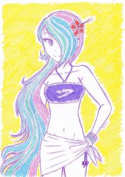 Rule 34 | 1girl, bikini, blue hair, bracelet, breasts, celestia (my little pony), collarbone, dragonemperror2810, flower, hair flower, hair ornament, hair over one eye, hand on own hip, hasbro, highres, jewelry, long hair, looking at viewer, medium breasts, multicolored hair, my little pony, my little pony: equestria girls, my little pony: friendship is magic, navel, ponytail, purple bikini, purple eyes, purple hair, sarong, side-tie bikini bottom, smile, standing, swimsuit, two-tone hair, white sarong, yellow background