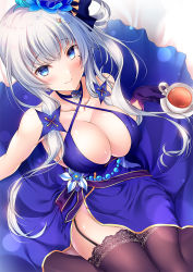 Rule 34 | 1girl, alternate costume, alternate hairstyle, artist request, azur lane, bare shoulders, black gloves, black thighhighs, blue choker, blue dress, blue eyes, blush, breasts, choker, cleavage, collarbone, cup, dress, flower, garter straps, gloves, hair flower, hair ornament, hair ribbon, holding, holding cup, illustrious (azur lane), illustrious (never-ending tea party) (azur lane), large breasts, looking at viewer, low twintails, mole, mole under eye, one side up, ribbon, silver hair, smile, solo, teacup, thighhighs, tress ribbon, twintails