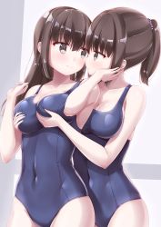 Rule 34 | blush, grabbing another&#039;s breast, breasts, grabbing, highres, kamakama (kdmorh kamakama), large breasts, long hair, one-piece swimsuit, ponytail, school swimsuit, smile, swimsuit, yuri
