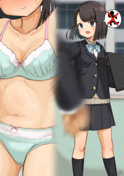 Rule 34 | 1boy, 1girl, artist name, black hair, black jacket, black skirt, black socks, blazer, blue bra, blue eyes, blue panties, blunt ends, blurry, blurry foreground, blush, bob cut, bow, bow bra, bow panties, bra, breasts, brown sweater, cleavage, closed mouth, collared shirt, commentary, crossed out, depth of field, dress shirt, feet out of frame, gluteal fold, head tilt, highres, jacket, kasago (wnfj2383), lace, lace-trimmed bra, lace trim, light blush, looking to the side, midriff, multicolored bra, multicolored clothes, multicolored panties, multiple views, navel, nose blush, open mouth, original, outdoors, panties, pink bow, pink bra, pink panties, pleated skirt, ribbed socks, school, school uniform, shirt, short hair, shouting, signature, skirt, small breasts, smile, socks, solo focus, speech bubble, spoken character, standing, sweatdrop, sweater, swept bangs, thigh gap, underwear, v-shaped eyebrows, white bra, white panties, white shirt