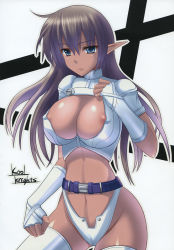 Rule 34 | 1girl, areola slip, arshes nei, bastard!!, belt, blue eyes, bodysuit, breasts, brown hair, cameltoe, cleavage, dark-skinned female, dark skin, female focus, gloves, highres, large breasts, long hair, looking at viewer, navel, pointy ears, serious, simple background, solo, standing, white background