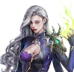 Rule 34 | 1girl, armor, ateli er, black nails, breasts, cleavage, expressionless, fire, green fire, green hair, grey eyes, highres, jewelry, long hair, looking at viewer, magician, mole, mole under eye, nail polish, original, pyrokinesis, shoulder armor, solo, upper body, wavy hair, white background