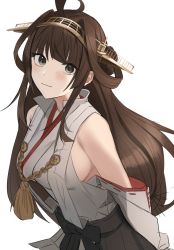 Rule 34 | 1girl, ahoge, black eyes, blush, breasts, brown hair, detached sleeves, double bun, hair bun, headgear, highres, jaaku (ra 9rara), japanese clothes, kantai collection, kongou (kancolle), large breasts, long hair, looking at viewer, nontraditional miko, sidelocks, simple background, skirt, smile, solo, upper body, white background