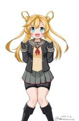 Rule 34 | &gt;:d, 1girl, :d, abukuma (kancolle), abukuma kai ni (kancolle), bike shorts, black gloves, black jacket, blonde hair, blue eyes, commentary request, dated, double bun, feet out of frame, gloves, grey sailor collar, grey skirt, hair between eyes, hair bun, hair rings, jacket, kantai collection, knees together feet apart, legs together, long hair, looking at viewer, masara (chuujou), neck ribbon, open mouth, partially fingerless gloves, red ribbon, ribbon, sailor collar, school uniform, serafuku, shorts, shorts under skirt, simple background, skirt, smile, solo, twitter username, v-shaped eyebrows, white background