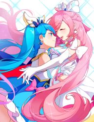 Rule 34 | 2girls, absurdres, ahoge, bai xin, blue cape, blue eyes, blue hair, bow, braid, cape, closed eyes, closed mouth, commentary, cure prism, cure sky, detached sleeves, dress, earrings, glove bow, gloves, hair ornament, heart, heart ahoge, highres, hirogaru sky! precure, hug, jewelry, long hair, magical girl, multiple girls, nijigaoka mashiro, open mouth, pink bow, pink hair, precure, puffy detached sleeves, puffy sleeves, red cape, side braids, sidelocks, single earring, sora harewataru, swept bangs, twintails, two-sided cape, two-sided fabric, very long hair, white bow, white dress, white gloves, wing hair ornament, yuri