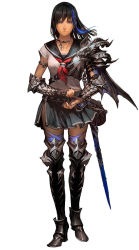 Rule 34 | 1girl, armored boots, ascot, bag, belt, black hair, blue eyes, blue hair, boots, braid, breasts, collarbone, earrings, french braid, full body, gauntlets, highres, jewelry, lips, liu (stranger of sword city), looking at viewer, matching hair/eyes, multicolored hair, neckerchief, necklace, necktie, nose, official art, sailor collar, satchel, scabbard, serious, sheath, sheathed, short hair, short sleeves, side slit, single braid, solo, standing, stranger of sword city, streaked hair, sword, thigh boots, thighhighs, thighs, tooth necklace, weapon, wind, yoshinari kou, yoshinari you, zettai ryouiki