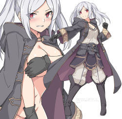 Rule 34 | 1girl, angry, black footwear, black gloves, blush, boots, breasts, cape, cleavage, cloak, covering privates, covering breasts, covering crotch, eyes visible through hair, fire emblem, fire emblem awakening, fire emblem heroes, gloves, grima (fire emblem), groin, hood, jacket, large breasts, long hair, long sleeves, looking at viewer, multiple views, naked cape, navel, nintendo, nude, parted bangs, red eyes, robin (female) (fire emblem), robin (fire emblem), shirt, shiseki hirame, simple background, skirt, teeth, translation request, twintails, white background, white legwear, white shirt