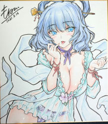 Rule 34 | 1girl, adapted costume, bare shoulders, blue eyes, blue hair, blue panties, blush, breasts, cameltoe, cleavage, cleft of venus, collarbone, commentary request, covered navel, cowboy shot, dated, flower, hagoromo, hair ornament, hair rings, hair stick, hands up, highres, kaku seiga, large breasts, licking, licking finger, looking at viewer, medium breasts, monety, neck ribbon, off shoulder, outline, panties, pink flower, purple ribbon, red ribbon, ribbon, see-through, shawl, signature, simple background, sleeves past elbows, solo, touhou, traditional media, underwear, wavy hair, white background, wrist ribbon