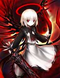 Rule 34 | 1girl, alternate color, ascot, black shirt, black wings, blonde hair, closed mouth, cowboy shot, cross, ex-rumia, halo, highres, holding, holding sword, holding weapon, long sleeves, looking at viewer, red background, red eyes, red halo, rumia, shirt, short hair, skirt, solo, spark621, standing, sword, tattoo, touhou, vest, weapon, white skirt, white vest, wings