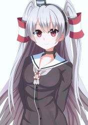 Rule 34 | 10s, 1girl, absurdres, amatsukaze (kancolle), bad id, bad pixiv id, hair ornament, highres, kantai collection, long hair, looking at viewer, red eyes, silver hair, smile, solo, twintails, two side up, unscpro