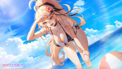 Rule 34 | 1girl, ahoge, arm up, bare arms, bare shoulders, bent over, bikini, black bikini, black choker, blonde hair, blue sky, bow, breasts, choker, cleavage, cloud, criss-cross halter, day, dutch angle, fang, flower, hair bow, hair flower, hair ornament, halterneck, hand on own knee, highres, kwon latte, large breasts, layered bikini, long hair, looking ahead, love delivery, mmlyno, multi-strapped bikini, ocean, official art, open mouth, orange eyes, outdoors, ponytail, shading eyes, side-tie bikini bottom, sky, smile, solo, standing, string bikini, sunlight, swimsuit, thighs, very long hair, wading, wet, white bikini