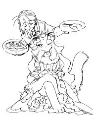 Rule 34 | 1boy, 1girl, :&lt;, ^ ^, anger vein, animal ear fluff, animal ears, animal feet, annoyed, arm up, asymmetrical hair, barefoot, body fur, bow, cat ears, cat girl, cat tail, cat teaser, closed eyes, closed mouth, cocri, collar, collared shirt, crossed arms, crown, dress, feet, fish, fish (food), food, full body, furry, furry female, greyscale, hair bow, hand up, highres, holding, holding food, holding plate, holding tray, jacket, kawai kousuke (cocri), leaning forward, long sleeves, looking at another, looking back, milky (cocri), mini crown, monochrome, necktie, nervous, nervous smile, one eye closed, original, pawpads, plate, puffy short sleeves, puffy sleeves, shirt, short hair, short sleeves, simple background, sitting, sketch, smile, standing, tail, tail raised, tray, whiskers, white background