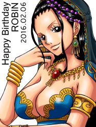 Rule 34 | 1girl, armlet, bare shoulders, black hair, bracelet, breasts, brown eyes, character name, cleavage, dated, dress, earrings, hair slicked back, hand on own cheek, hand on own face, happy birthday, harem outfit, jewelry, kiyu (zuyu), large breasts, long hair, looking at viewer, necklace, nico robin, one piece, ring, smile, solo, strapless, strapless dress, upper body, veil