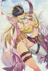 Rule 34 | 1girl, angel, angel wings, angewomon, arched back, bare shoulders, blonde hair, breastarmor, breasts, cleavage, cleavage cutout, clothing cutout, covered eyes, curvy, delux drawings, digimon, digimon (creature), feathered wings, helmet, helmet over eyes, highres, lips, medium breasts, navel cutout, single leg pantyhose, smile, solo, thigh strap, thighs, winged helmet, wings