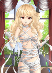 Rule 34 | 1girl, absurdres, bandages, black ribbon, blonde hair, breasts, cleavage, collarbone, commentary request, cowboy shot, crystal, flandre scarlet, hair ribbon, highres, indoors, long hair, midriff, naked bandage, navel, one side up, open mouth, red eyes, revealing clothes, ribbon, small breasts, touhou, user gape3888, window, wings