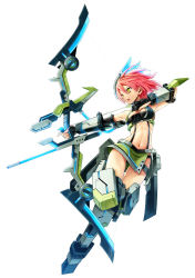 Rule 34 | 1girl, archery, boots, bow (weapon), celica hawk, cosmic break, drawing bow, hair ornament, holding, holding bow (weapon), holding weapon, mecha musume, official art, solo, thigh boots, thighhighs, weapon