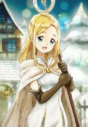 Rule 34 | 1girl, :d, black gloves, blonde hair, blue eyes, building, cape, cleric, dress, gloves, highres, holding, holding staff, lantern, long hair, looking at viewer, nurutema, octopath traveler, octopath traveler i, open mouth, ophilia (octopath traveler), outdoors, pine tree, priestess, sidelocks, sky, smile, solo, staff, tareme, tree, white cape, white dress, window