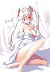 Rule 34 | 1girl, 2017, :o, artist name, azur lane, bare shoulders, barefoot, blush, breasts, character name, dated, finger to mouth, legs, long hair, looking at viewer, medium breasts, mikoto (mio), off shoulder, prinz eugen (azur lane), shirt, silver hair, sketch, solo, twintails, white shirt, yellow eyes