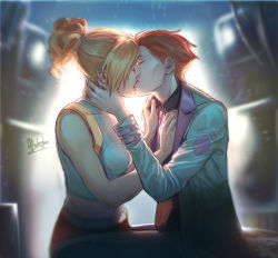 Rule 34 | 2girls, afterlaughs, backlighting, black shirt, blonde hair, breasts, freckles, french kiss, hand on another&#039;s neck, hands on another&#039;s chest, kiss, lab coat, medium breasts, medium hair, mercy (overwatch), midriff, moira (overwatch), multiple girls, necktie, overwatch, overwatch 1, shirt, short hair, short ponytail, signature, sitting, sitting on lap, sitting on person, sleeveless, very short hair, yuri