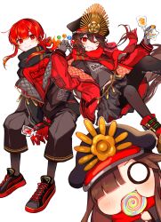 Rule 34 | 1boy, 1girl, black footwear, black gloves, black hair, black pants, black scarf, black shirt, black skirt, brother and sister, candy, family crest, fate/grand order, fate (series), fiery hair, food, full body, gloves, hat, highres, holding, holding candy, holding food, holding lollipop, jacket, lollipop, military hat, mini nobu (fate), oda nobukatsu (fate), oda nobunaga (fate), oda nobunaga (koha-ace), oda uri, open clothes, open jacket, pants, red eyes, red footwear, red gloves, red hair, red scarf, red shirt, scarf, shirt, shoes, siblings, simple background, sitting, skirt, smile, swirl lollipop, teeth, trap, white background, yui (tamagohan)