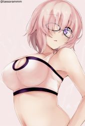 Rule 34 | 1girl, alternate costume, armpits, bare shoulders, black-framed eyewear, breasts, brown background, cleavage, collarbone, commentary request, cosplay, crop top, fate/grand order, fate (series), glasses, hair over one eye, large breasts, looking at viewer, mash kyrielight, mordred (fate), mordred (fate) (cosplay), mordred (fate/apocrypha), mordred (memories at trifas) (fate), navel, parted lips, pink hair, purple eyes, simple background, solo, tasora, twitter username, upper body