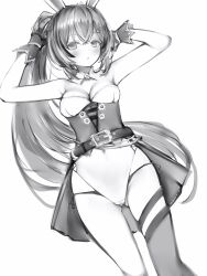 Rule 34 | 1girl, absurdres, animal ears, arms up, bare arms, belt, blush, breasts, cleavage, detached collar, gloves, gluteal fold, greyscale, hair between eyes, hair ornament, hairclip, highres, holding, holding own hair, hololive, hololive english, leotard, long hair, medium breasts, monochrome, nanashi (nlo), nanashi mumei, ponytail, rabbit ears, simple background, single thighhigh, solo, thighhighs, very long hair, virtual youtuber
