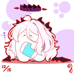 Rule 34 | :&lt;, ahoge, black wings, blue archive, blush, closed eyes, closed mouth, dated, facing viewer, grey hair, hair between eyes, halo, highres, hina (blue archive), holding, holding pillow, horns, kurukurumagical, long hair, motion lines, outline, parted bangs, pillow, red outline, solo, translation request, very long hair, white background, wings