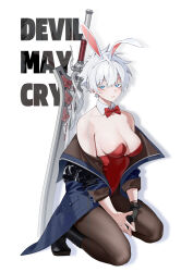 Rule 34 | 1girl, alternate costume, animal ears, bare shoulders, bechu, black pantyhose, blue jacket, boots, bow, bowtie, breasts, cleavage, copyright name, detached collar, devil may cry (series), fake animal ears, genderswap, genderswap (mtf), gloves, highres, jacket, jacket partially removed, knee boots, kneeling, large breasts, leotard, looking at viewer, nero (devil may cry), own hands together, pantyhose, planted, planted sword, planted weapon, playboy bunny, rabbit ears, red bow, red bowtie, red leotard, short hair, simple background, single glove, solo, strapless, strapless leotard, sword, weapon, white background, white hair