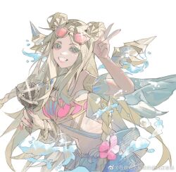 Rule 34 | 1girl, artist name, bikini, blonde hair, blue eyes, clenched teeth, eteru, fingernails, holding, holding microphone, league of legends, light particles, long hair, looking at viewer, microphone, nail polish, navel, ocean song seraphine, official alternate costume, official alternate hairstyle, parted bangs, pink nails, seraphine (league of legends), simple background, smile, solo, stomach, sunglasses, swimsuit, teeth, upper body, v, water, white background