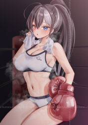 Rule 34 | 1girl, blush, boxing gloves, boxing ring, breasts, cleavage, commission, dripping, grey hair, hair between eyes, heterochromia, highres, insignia, looking at viewer, medium breasts, multicolored hair, navel, original, parted lips, ponytail, rryiup, solo, sports bikini, sportswear, steam, steaming body, stomach, sweat, sweat stain, towel, towel around neck, two-tone hair, very sweaty, wiping sweat