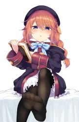 Rule 34 | 1girl, bed, blush, book, braid, feet, hat, highres, long hair, looking at viewer, orange hair, pantyhose, parted lips, princess connect!, princess connect!, purple eyes, sitting, soles, yuni (princess connect!)