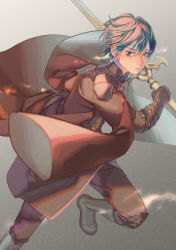 Rule 34 | 1boy, armor, black armor, black cape, blue eyes, blue hair, byleth (fire emblem), byleth (male) (fire emblem), cape, elbow pads, fire emblem, fire emblem: three houses, full body, gloves, grey background, hair between eyes, hand up, heroes relic (fire emblem), highres, holding, holding sword, holding weapon, nintendo, short hair, solo, suzuhiro, sword, sword of the creator, vambraces, weapon