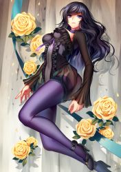 Rule 34 | 1girl, black footwear, black hair, blue eyes, blue ribbon, choker, closed mouth, covered navel, eyebrows, flower, frilled sleeves, frills, frown, high heels, highres, lace-trimmed sleeves, lace trim, leotard, long sleeves, milcho, original, petals, purple flower, purple ribbon, purple rose, purple thighhighs, ribbon, rose, see-through, shadow, signature, solo, swept bangs, thighhighs, wavy mouth, yellow flower, yellow rose
