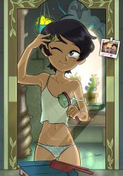Rule 34 | 1girl, amphibia, black hair, blush, book, centinel303, collarbone, comb, convenient censoring, flat chest, hair brush, hair ornament, hairclip, holding, holding hair brush, looking at mirror, marcy wu, mirror, navel, one eye closed, panties, photo (object), plant, purple eyes, short hair, smile, solo, spaghetti strap, strap slip, undershirt, underwear, upper body
