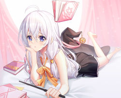 Rule 34 | 1girl, ahoge, bare arms, bare shoulders, barefoot, bed sheet, black hat, black skirt, blue eyes, blush, book, bow, brown bow, closed mouth, collared shirt, commentary request, curtains, elaina (majo no tabitabi), full body, hair between eyes, hat, head rest, holding, holding wand, leg up, long hair, looking at viewer, lying, majo no tabitabi, on stomach, pleated skirt, ririko (zhuoyandesailaer), shirt, skirt, sleeveless, sleeveless shirt, solo, sparkle, unworn hat, unworn headwear, very long hair, wand, white background, white hair, white shirt, witch hat