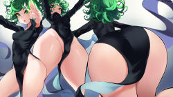 Rule 34 | 1girl, ass, black dress, blush, breasts, commentary, covered erect nipples, covered navel, cowboy shot, dress, flipped hair, from behind, from below, green eyes, green hair, groin, high collar, jtveemo, looking at viewer, multiple persona, no panties, one-punch man, open mouth, outstretched arms, pelvic curtain, puffy nipples, small breasts, tatsumaki, teeth, thick thighs, thighs, twitter username, upper teeth only, white background
