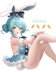 Rule 34 | 1girl, animal ears, aqua bow, aqua eyes, aqua hair, ass, bare shoulders, bicute bunnies miku, blush, bow, breasts, carrot print, character name, colored eyelashes, commentary, double bun, fake animal ears, feet out of frame, fishnet pantyhose, fishnets, food print, fur trim, grey background, hair bun, hatsune miku, highres, knees up, leotard, looking at viewer, medium breasts, open mouth, pantyhose, playboy bunny, rabbit ears, rabbit tail, sidelocks, sitting, smile, solo, strapless, strapless leotard, tail, teeth, thighs, upper teeth only, vocaloid, white background, white pantyhose, wrist cuffs, zipgaemi