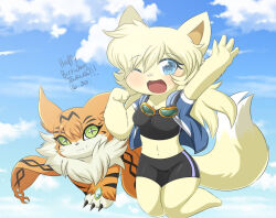 Rule 34 | animal ears, cat, cat ears, claws, digimon, digimon (creature), furry, goggles, goggles around neck, green eyes, happy, meicoomon, smile
