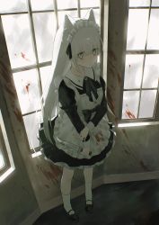 Rule 34 | 1girl, absurdres, animal ears, apron, black bow, black footwear, black ribbon, blood, blood on clothes, blood splatter, bloody weapon, bow, cat ears, dress, frilled apron, frills, hand on own wrist, highres, holding, holding knife, holding weapon, knife, long hair, long sleeves, looking at viewer, maid, maid apron, maid headdress, mary janes, nia (x x02), original, pinafore dress, puffy sleeves, ribbon, shoes, sleeve cuffs, sleeveless dress, solo, standing, weapon, white eyes, white hair, white legwear, window